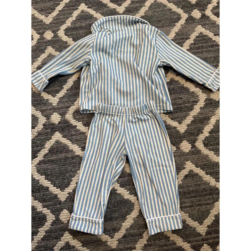 Bearpaw Baby Boys Blue White Striped Fleece Pajama Set‎ 12M Teddy Bear Patch